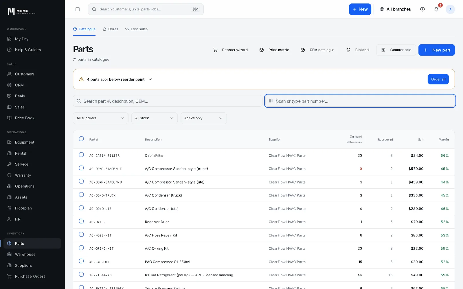 ModernDMS parts catalogue screen showing stock levels, reorder alerts and part search (demo data)