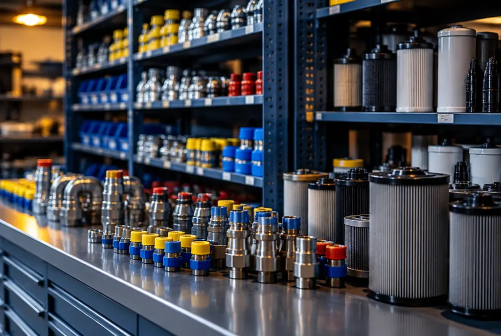 Hydraulic fittings and filters on steel racks at a parts counter
