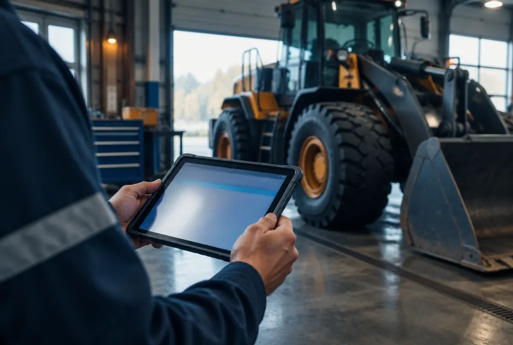 A technician's hands holding a tablet beside a wheel loader in a workshop bay