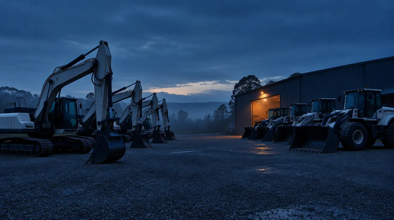 A row of excavators and wheel loaders parked in a dealership yard at blue hour, with a workshop door glowing amber
